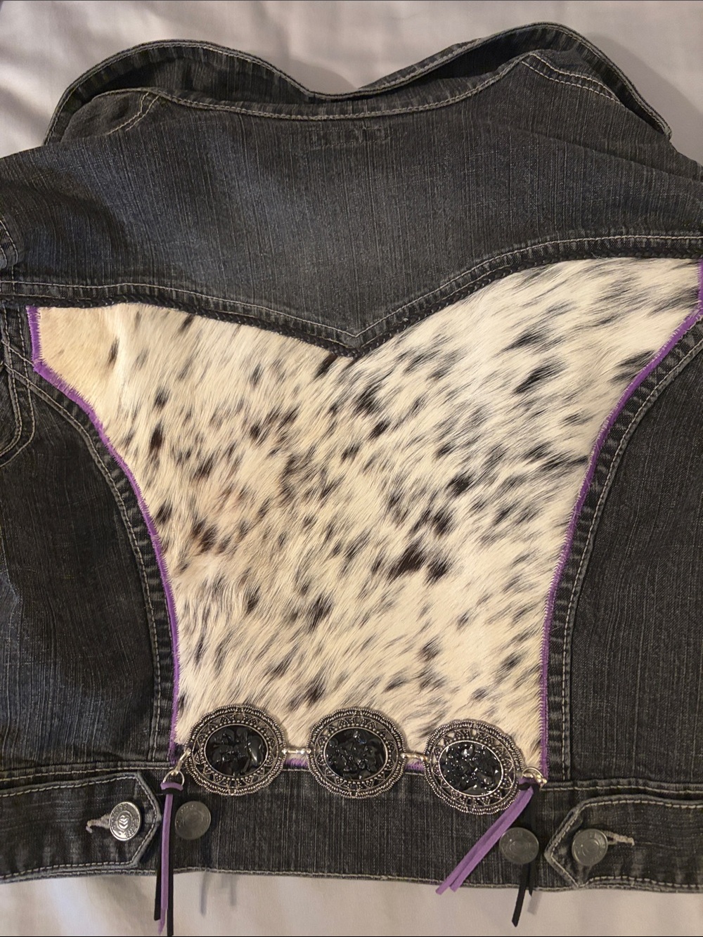 Hot Kiss Black Denim Jacket with White Speckled Hair-On-Hide and Purple Trim